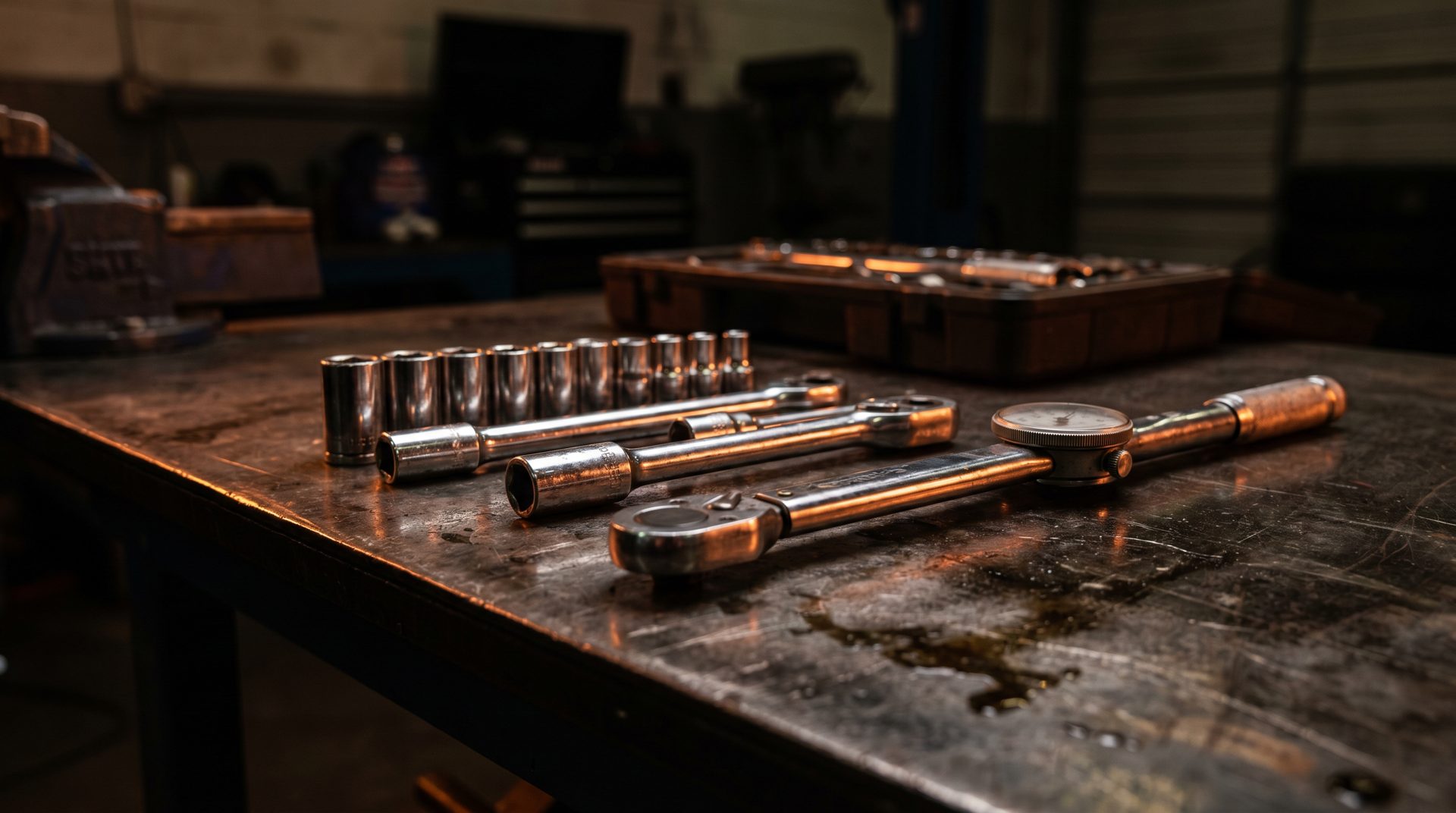 Chrome socket wrench set laid out on a worn steel workbench under amber shop lighting
